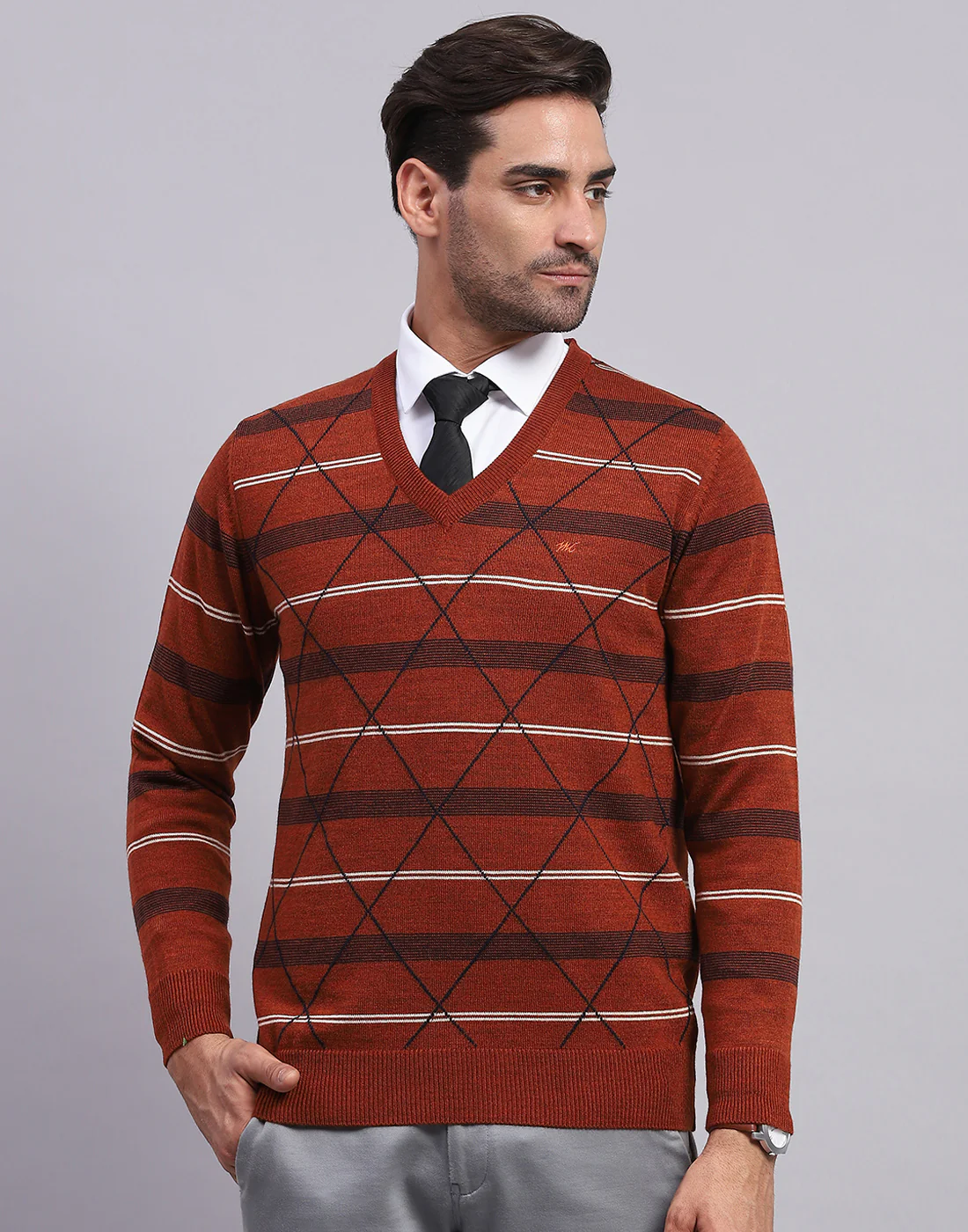 Men Rust Self Design V Neck Full Sleeve Pullover - Image 2