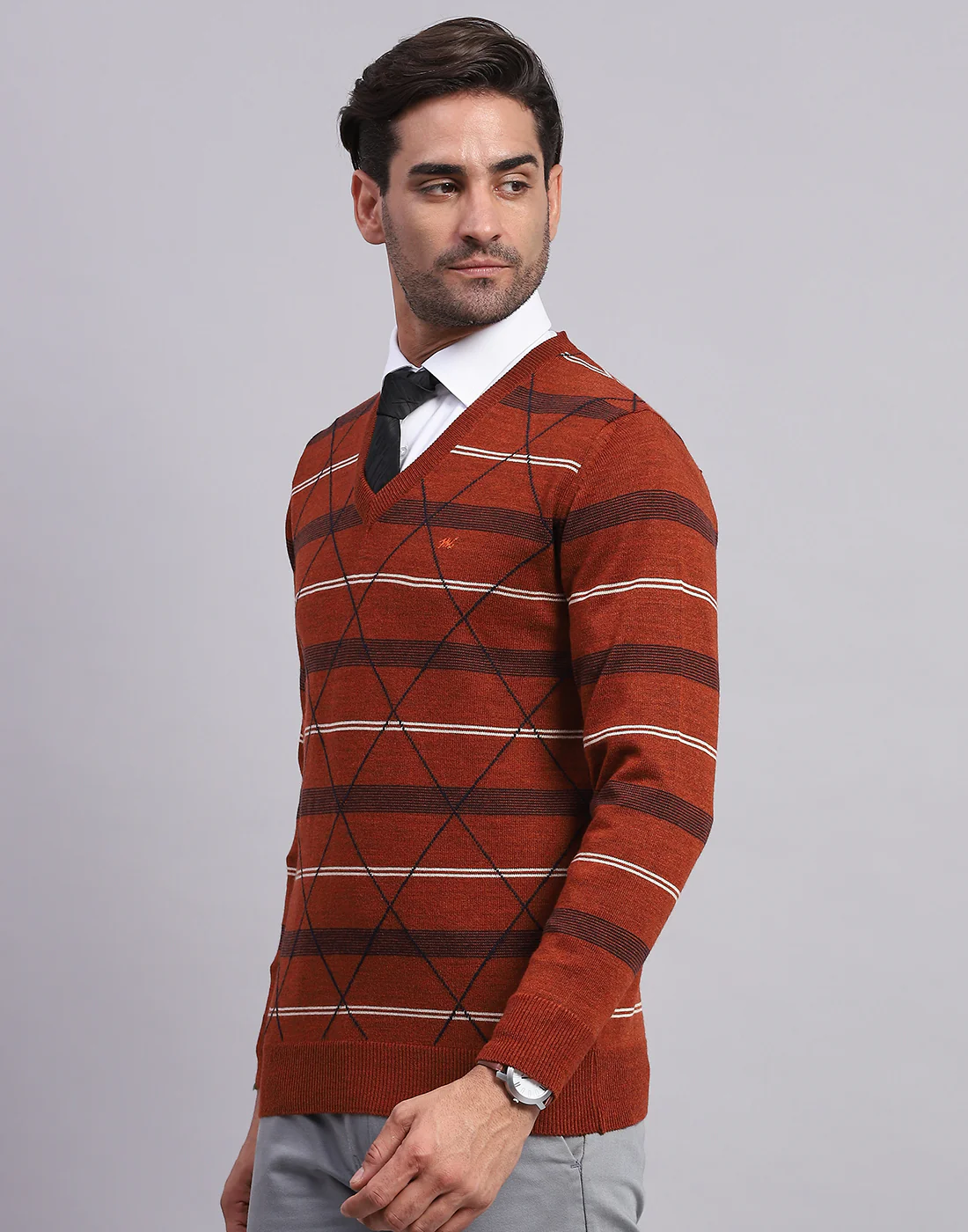Men Rust Self Design V Neck Full Sleeve Pullover - Image 3