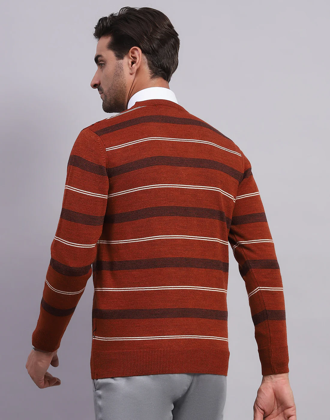 Men Rust Self Design V Neck Full Sleeve Pullover - Image 5