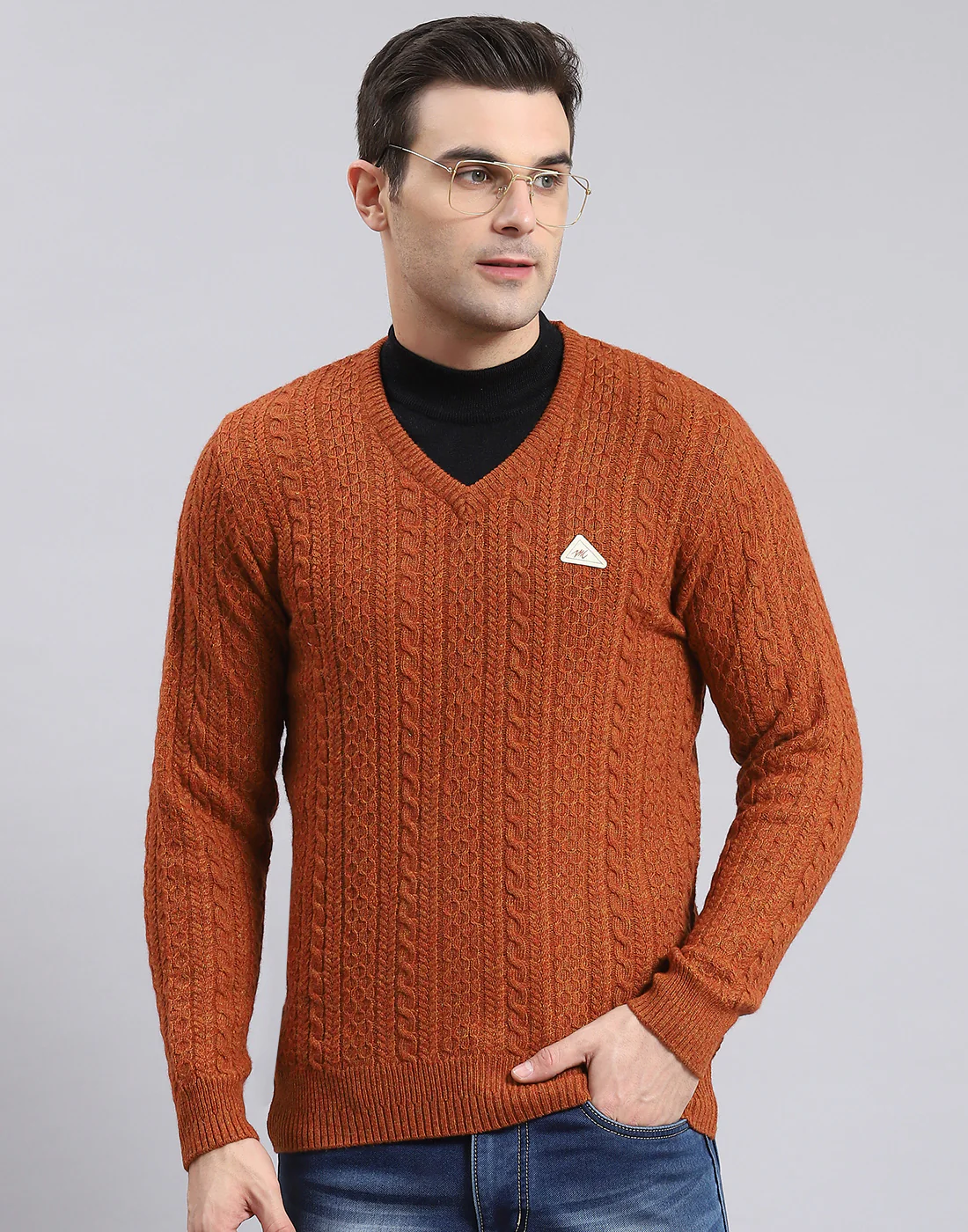 Men Rust Self Design V Neck Full Sleeve Sweater - Image 2