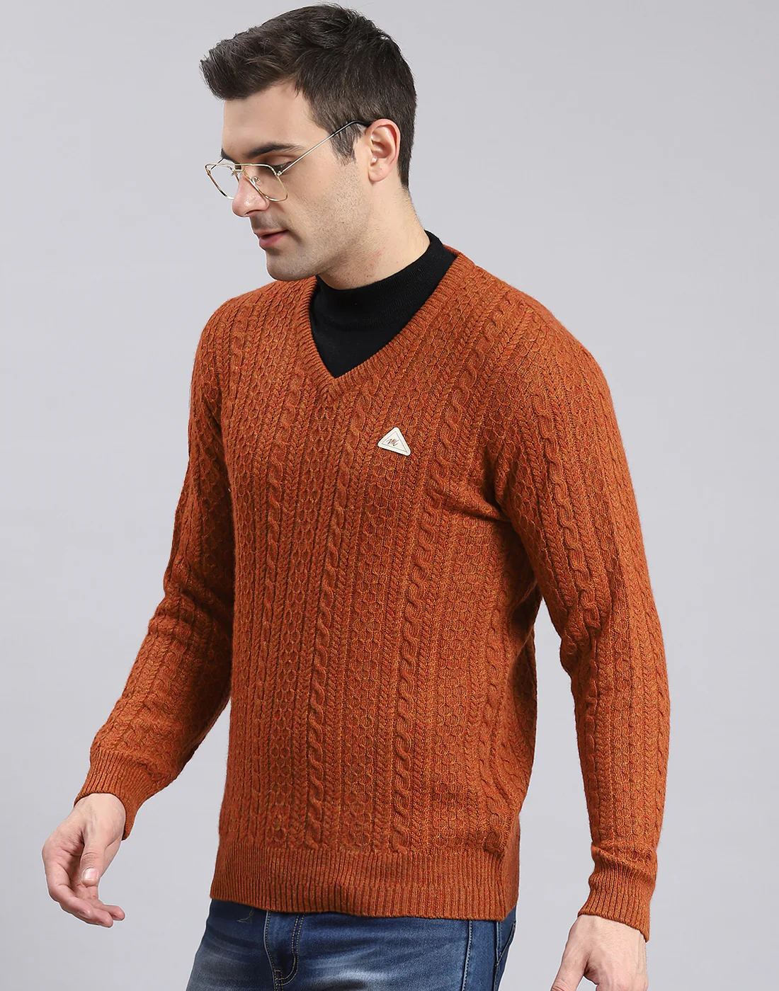 Men Rust Self Design V Neck Full Sleeve Sweater - Image 3