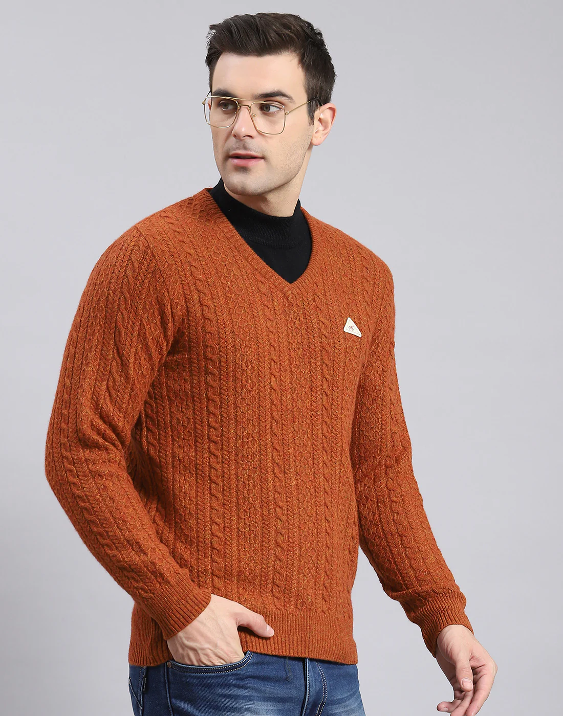 Men Rust Self Design V Neck Full Sleeve Sweater - Image 4