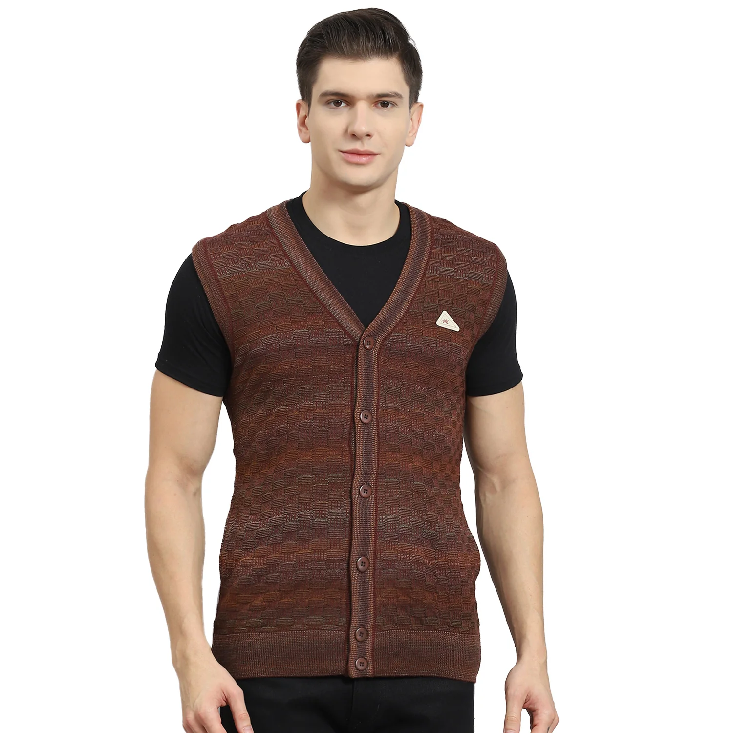 Men Rust Self Design V Neck Sleeveless Sweater - Image 5