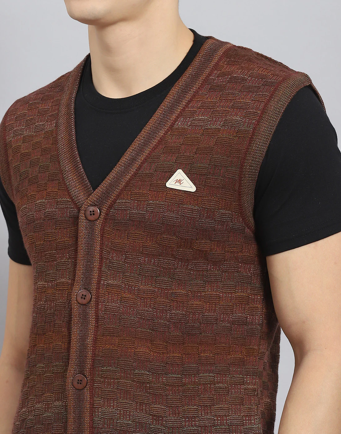 Men Rust Self Design V Neck Sleeveless Sweater - Image 8