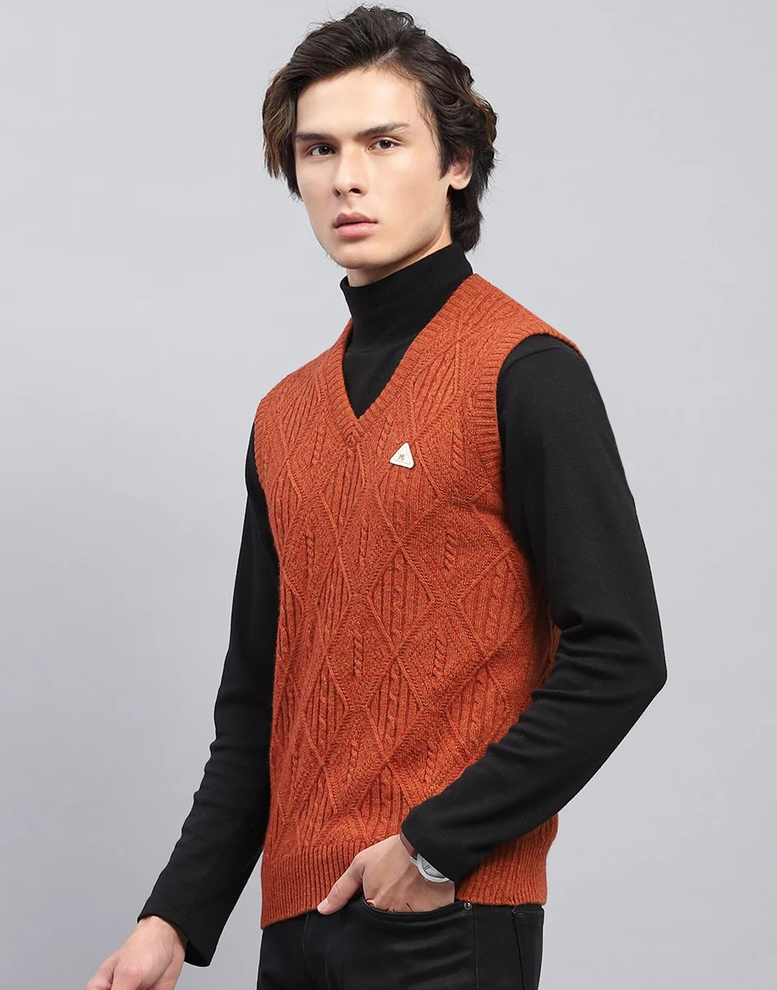 Men Rust Self Design V Neck Sleeveless Sweater - Image 3
