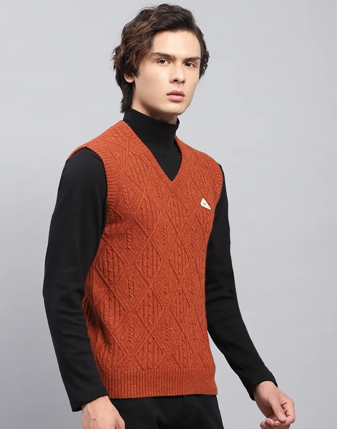 Men Rust Self Design V Neck Sleeveless Sweater - Image 4