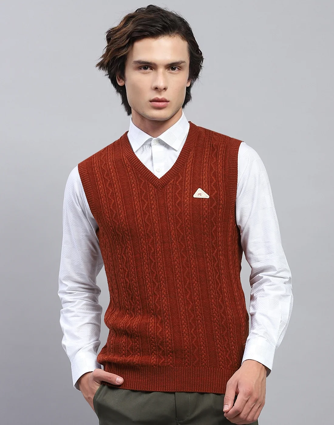 Men Rust Self Design V Neck Sleeveless Sweater - Image 2
