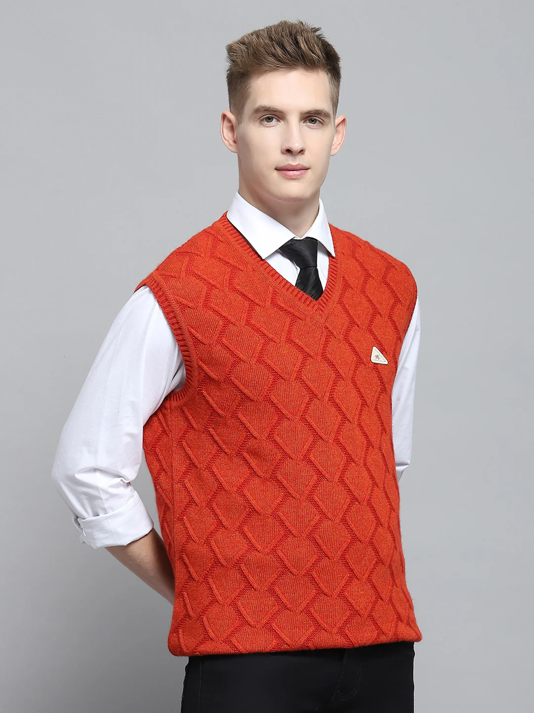 Men Rust Self Design V Neck Sleeveless Sweater - Image 4