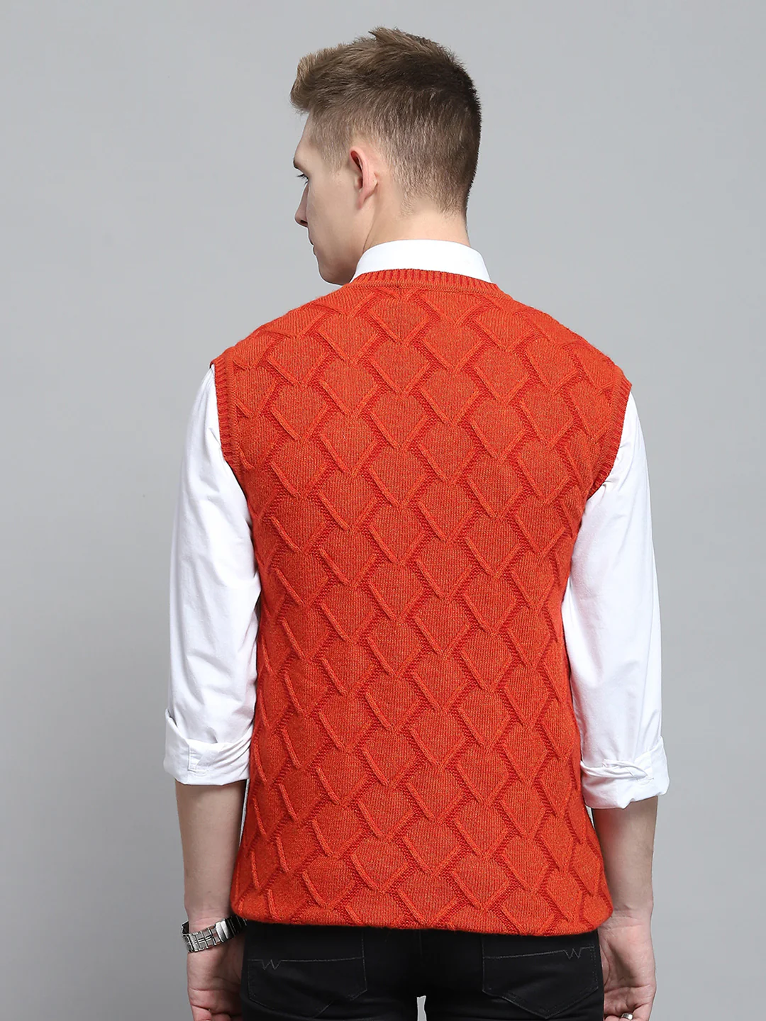 Men Rust Self Design V Neck Sleeveless Sweater - Image 5