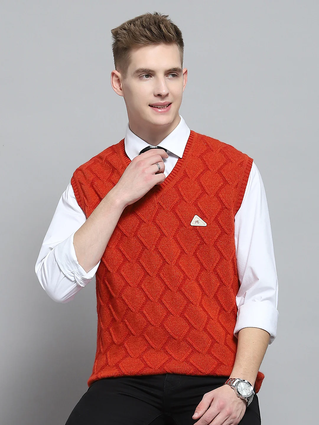 Men Rust Self Design V Neck Sleeveless Sweater - Image 6