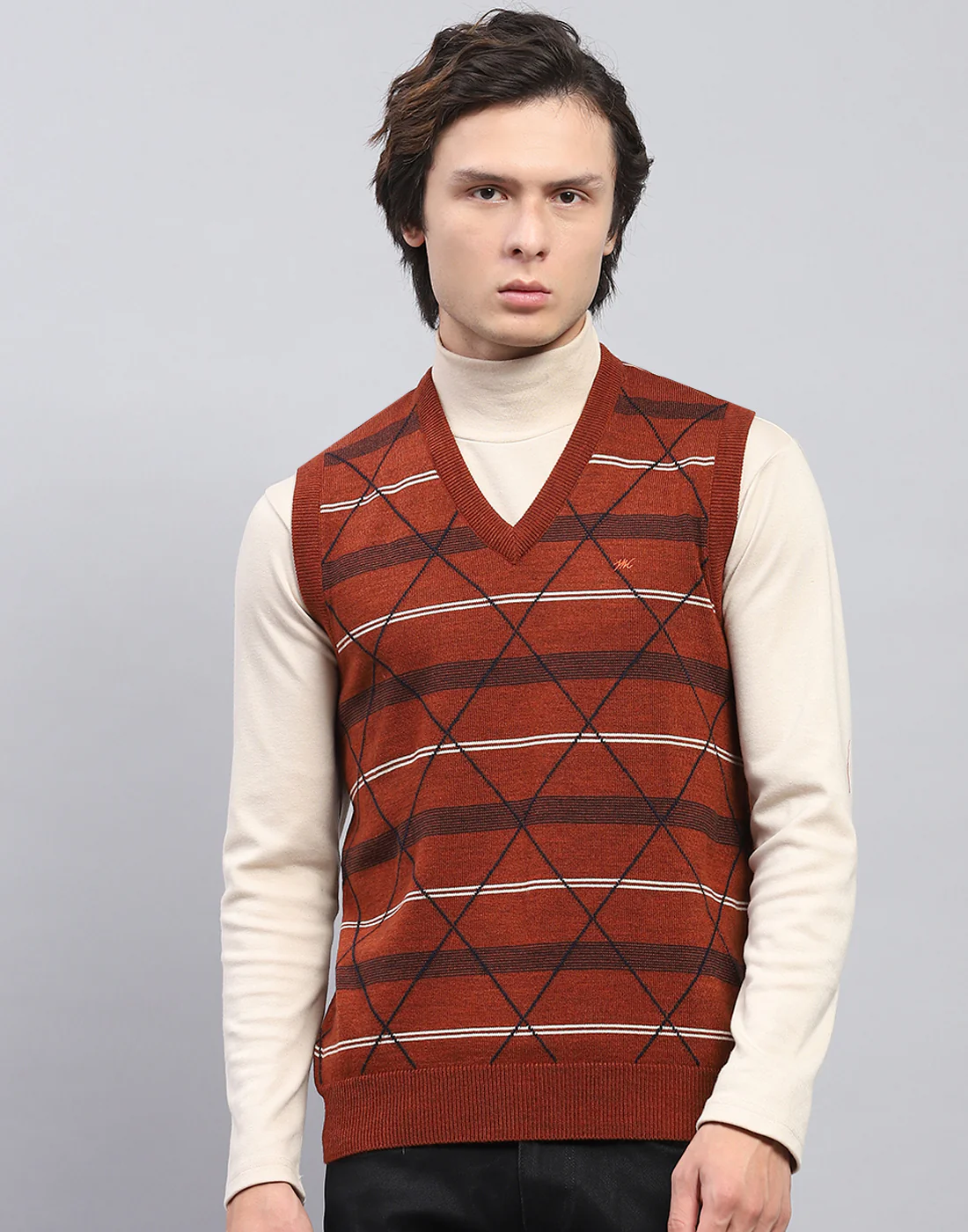 Men Rust Self Design V Neck Sleeveless Sweater - Image 2