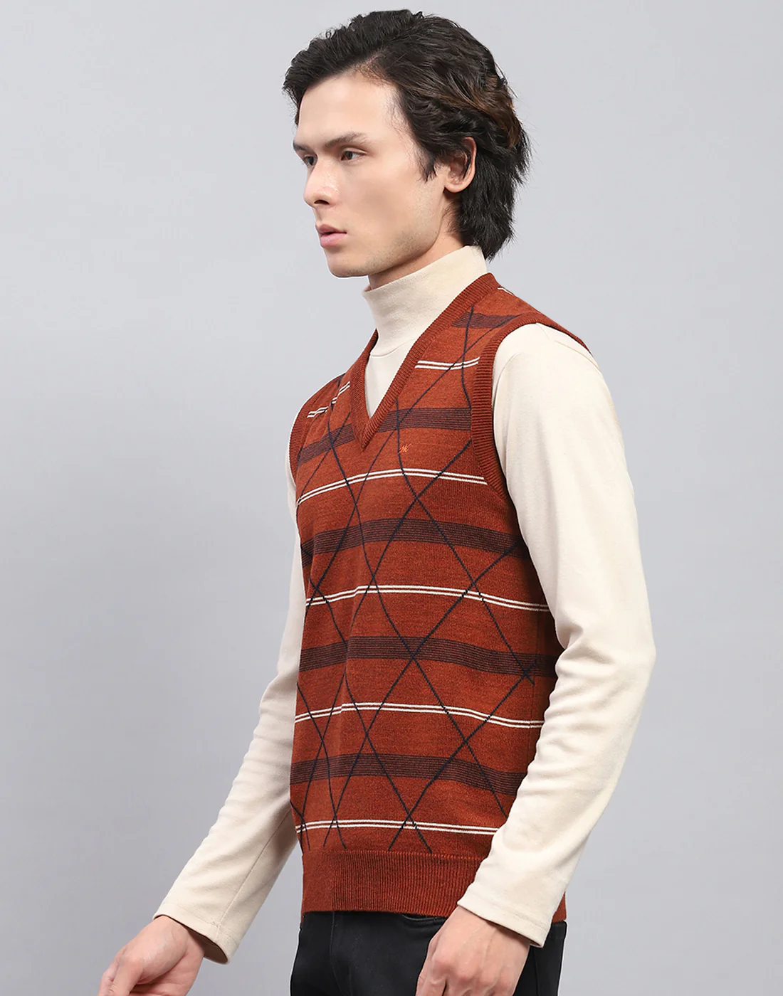 Men Rust Self Design V Neck Sleeveless Sweater - Image 3