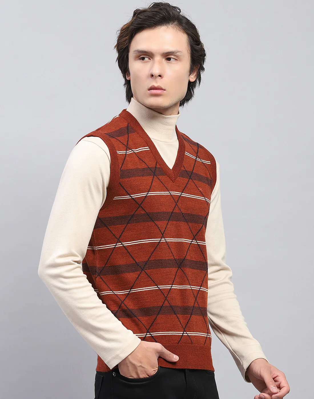 Men Rust Self Design V Neck Sleeveless Sweater - Image 4