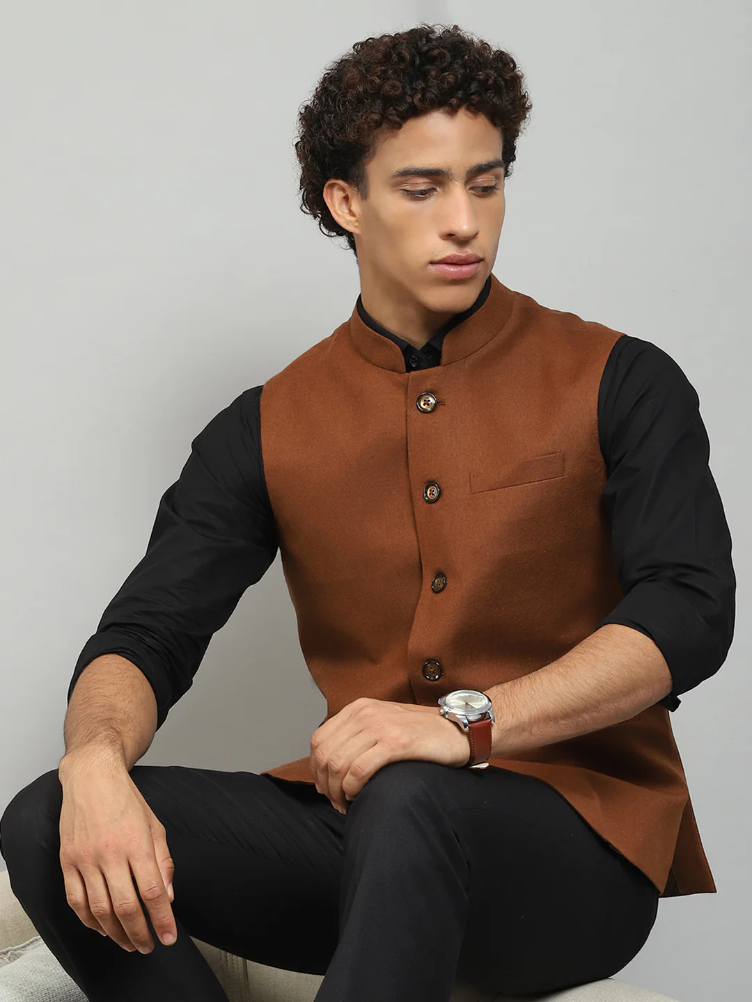 Men Rust Solid Band Collar Sleeveless Jacket - Image 6