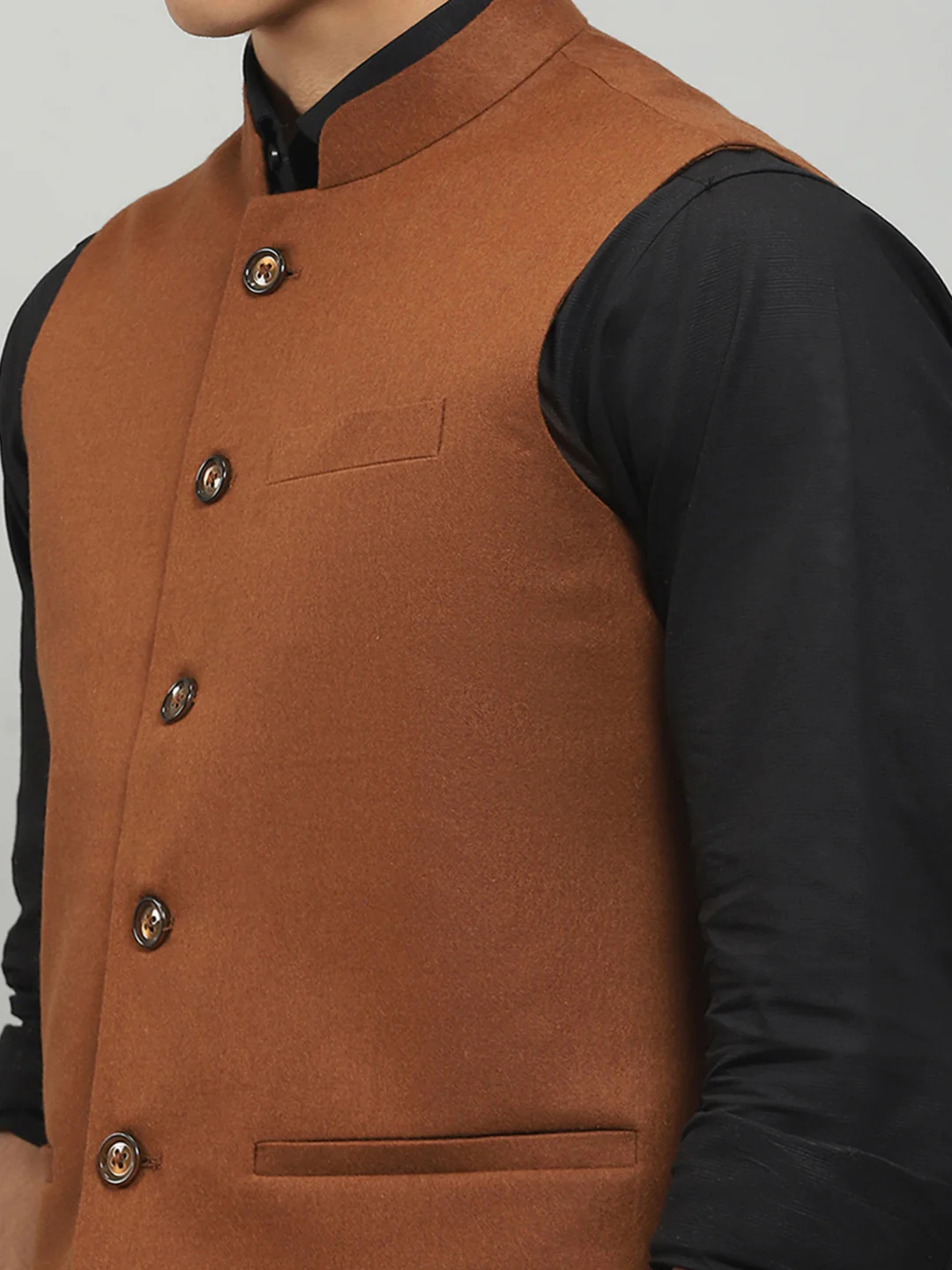 Men Rust Solid Band Collar Sleeveless Jacket - Image 7