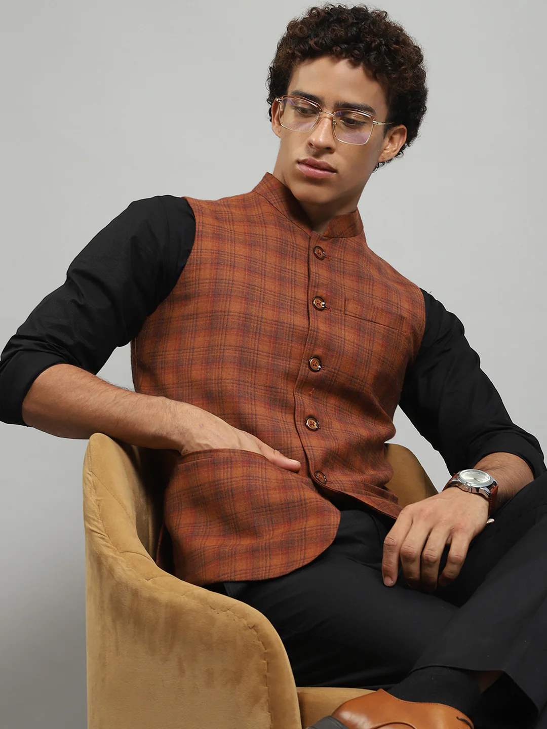 Men Rust Solid Band Collar Sleeveless Jacket - Image 6