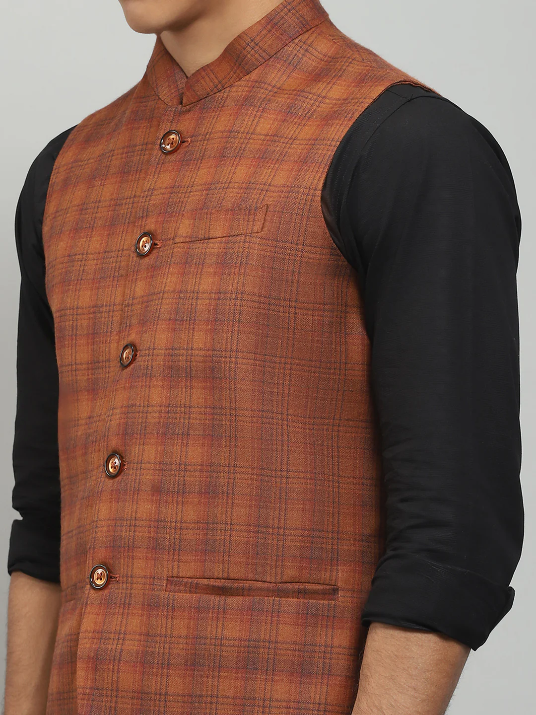 Men Rust Solid Band Collar Sleeveless Jacket - Image 7