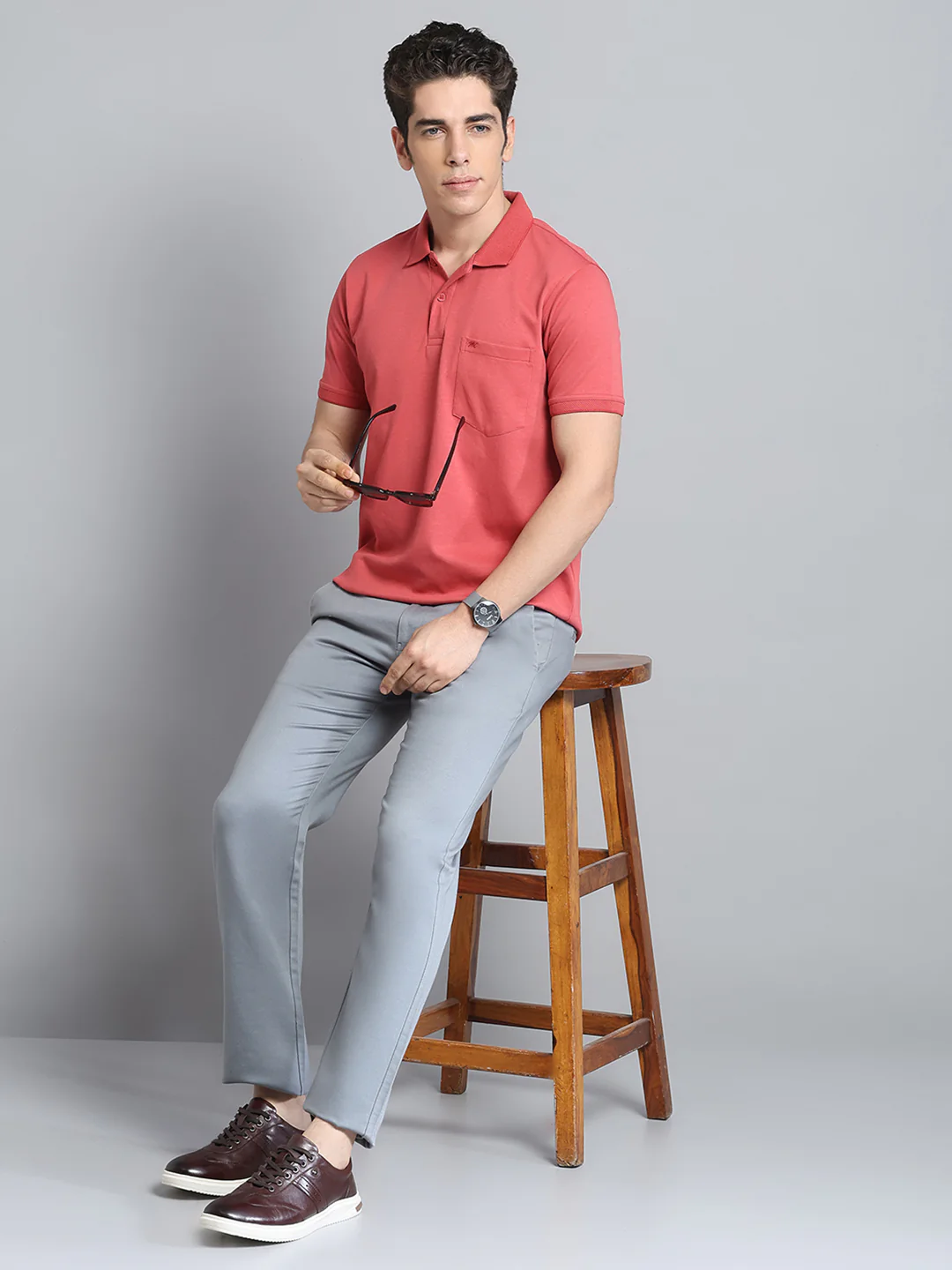 Men Rust Solid Collar Half Sleeve T-Shirt - Image 2