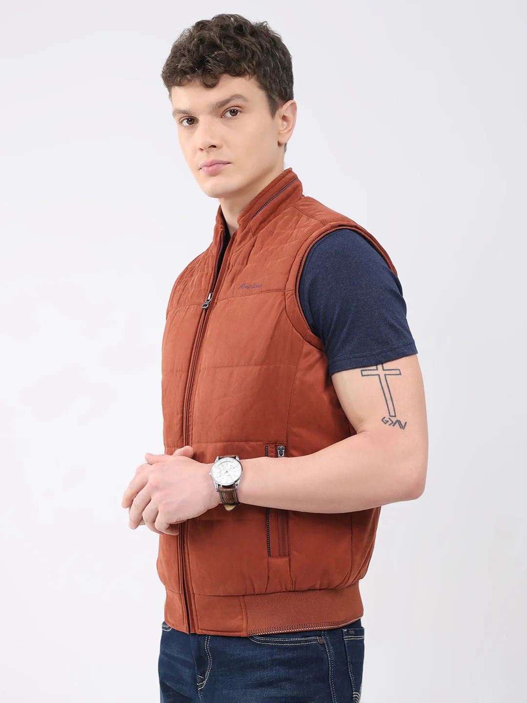 Men Rust Solid Collar Sleeveless Jacket - Image 3