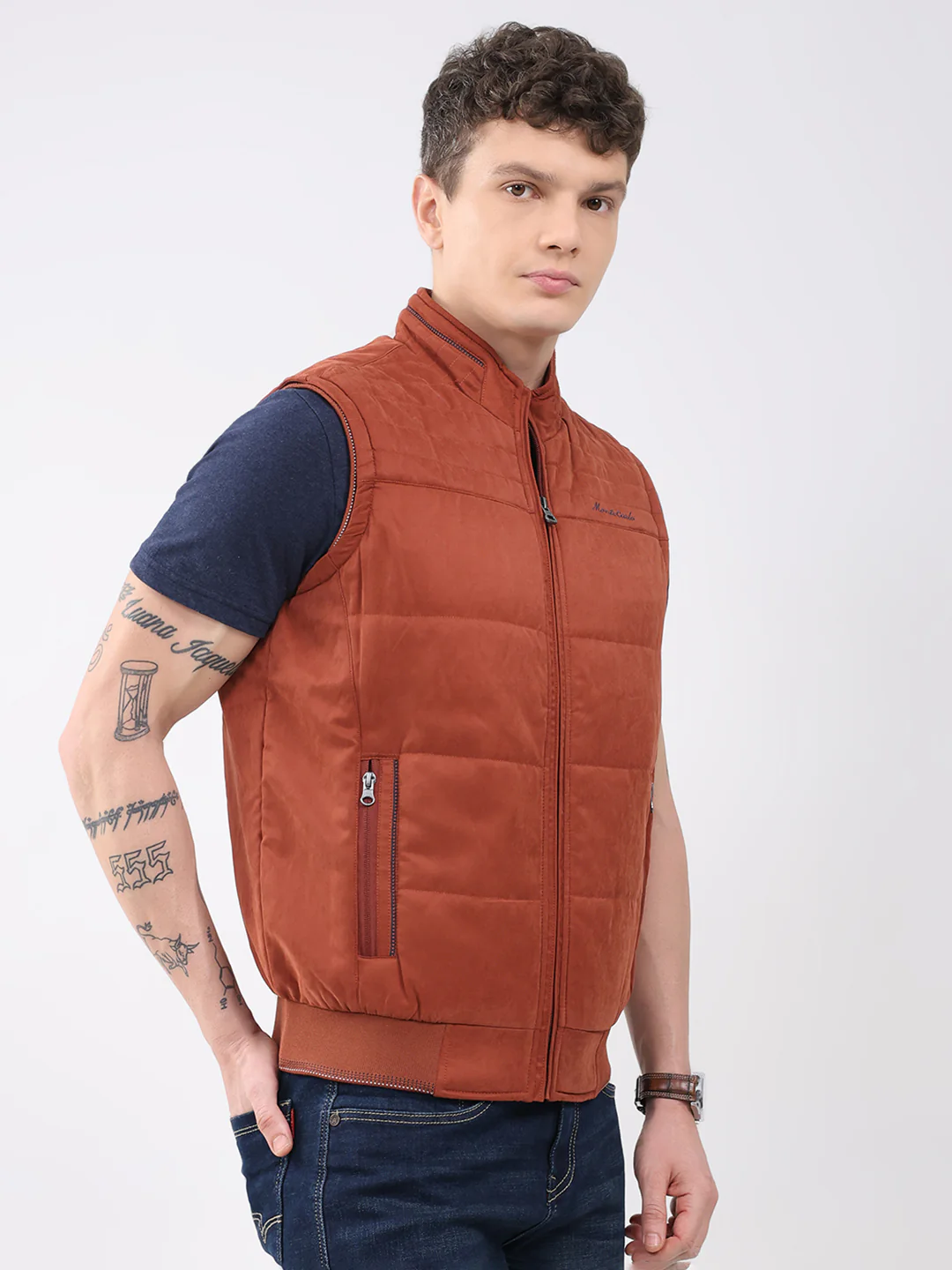 Men Rust Solid Collar Sleeveless Jacket - Image 4