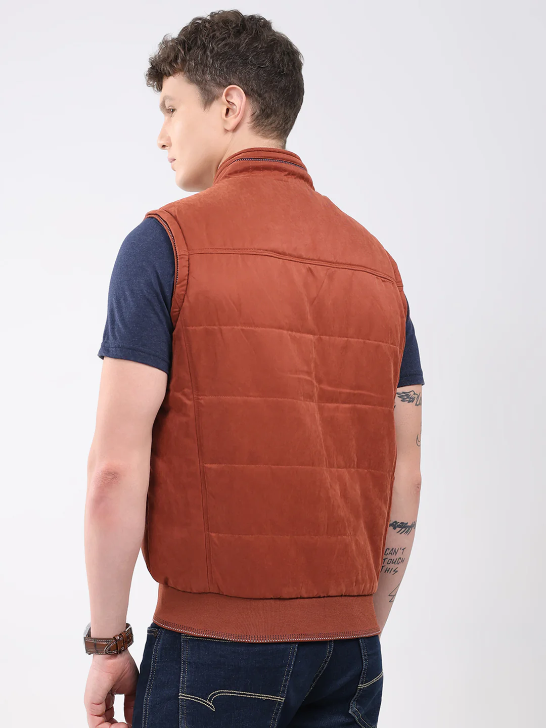 Men Rust Solid Collar Sleeveless Jacket - Image 5
