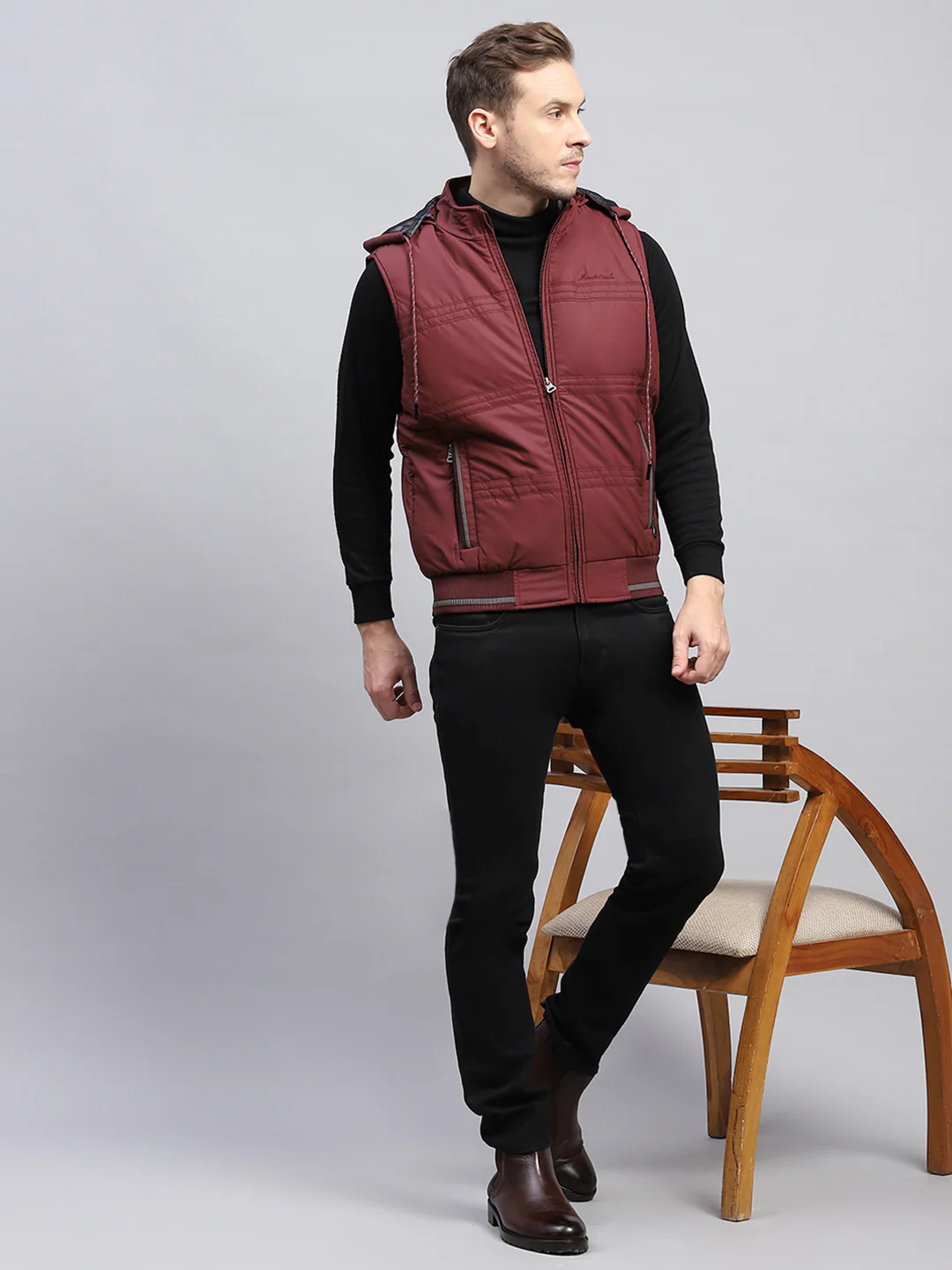 Men Rust Solid Detachable Hood Sleeveless Jacket - Image 2
