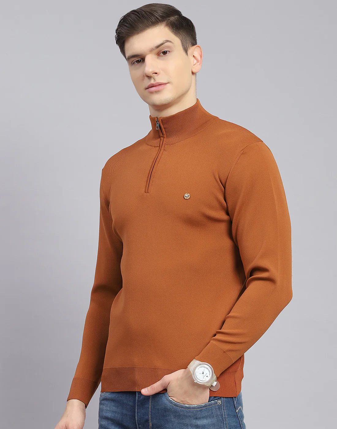 Men Rust Solid H Neck Full Sleeve Sweater - Image 3