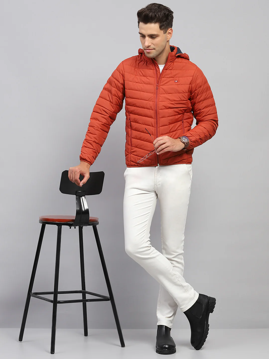 Men Rust Solid Hooded Full Sleeve Jacket - Image 2