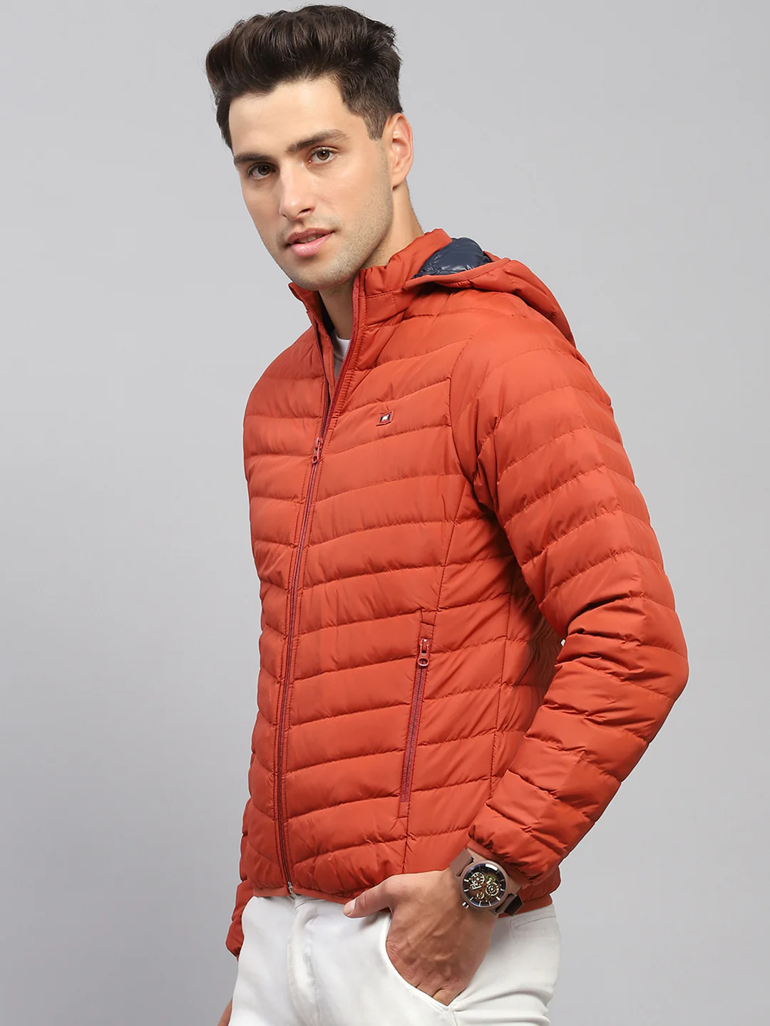 Men Rust Solid Hooded Full Sleeve Jacket - Image 3