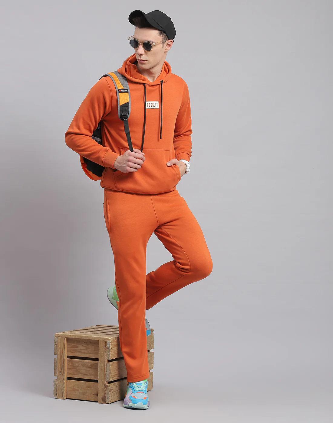 Rock.it Men Rust Solid Hooded Full Sleeve Tracksuit