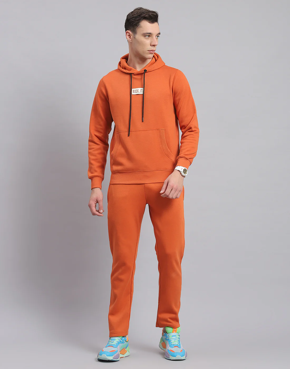 Rock.it Men Rust Solid Hooded Full Sleeve Tracksuit - Image 2