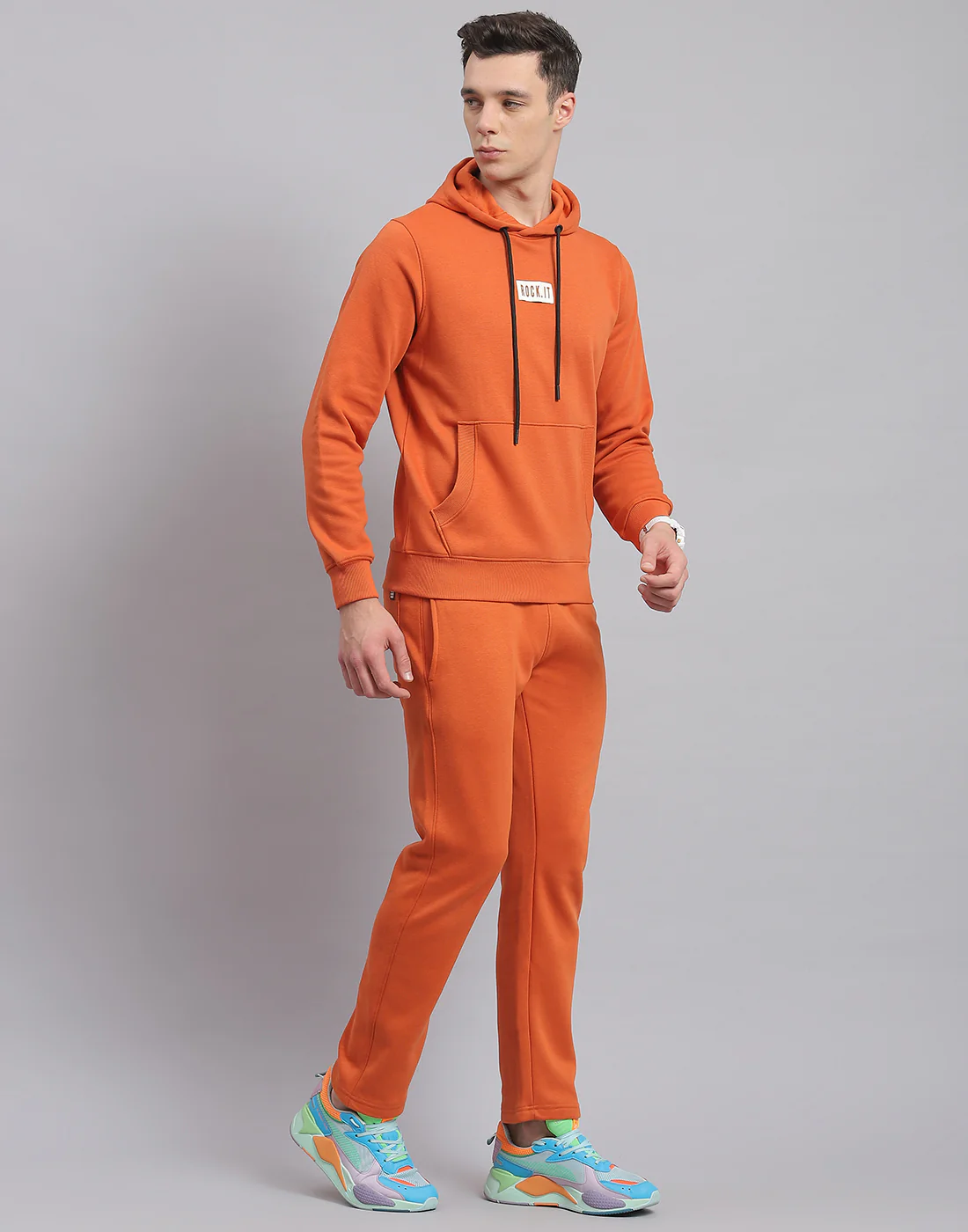 Rock.it Men Rust Solid Hooded Full Sleeve Tracksuit - Image 4