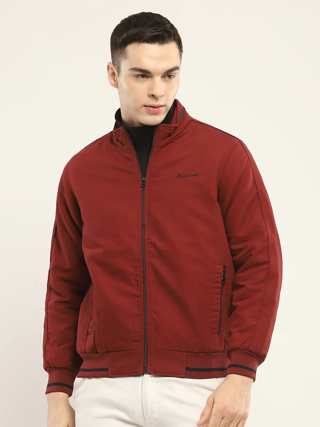 Men Rust Solid Mock Neck Full Sleeve Jacket