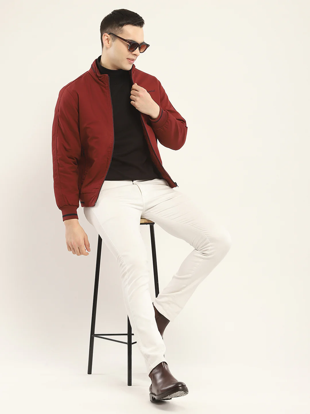Men Rust Solid Mock Neck Full Sleeve Jacket - Image 2