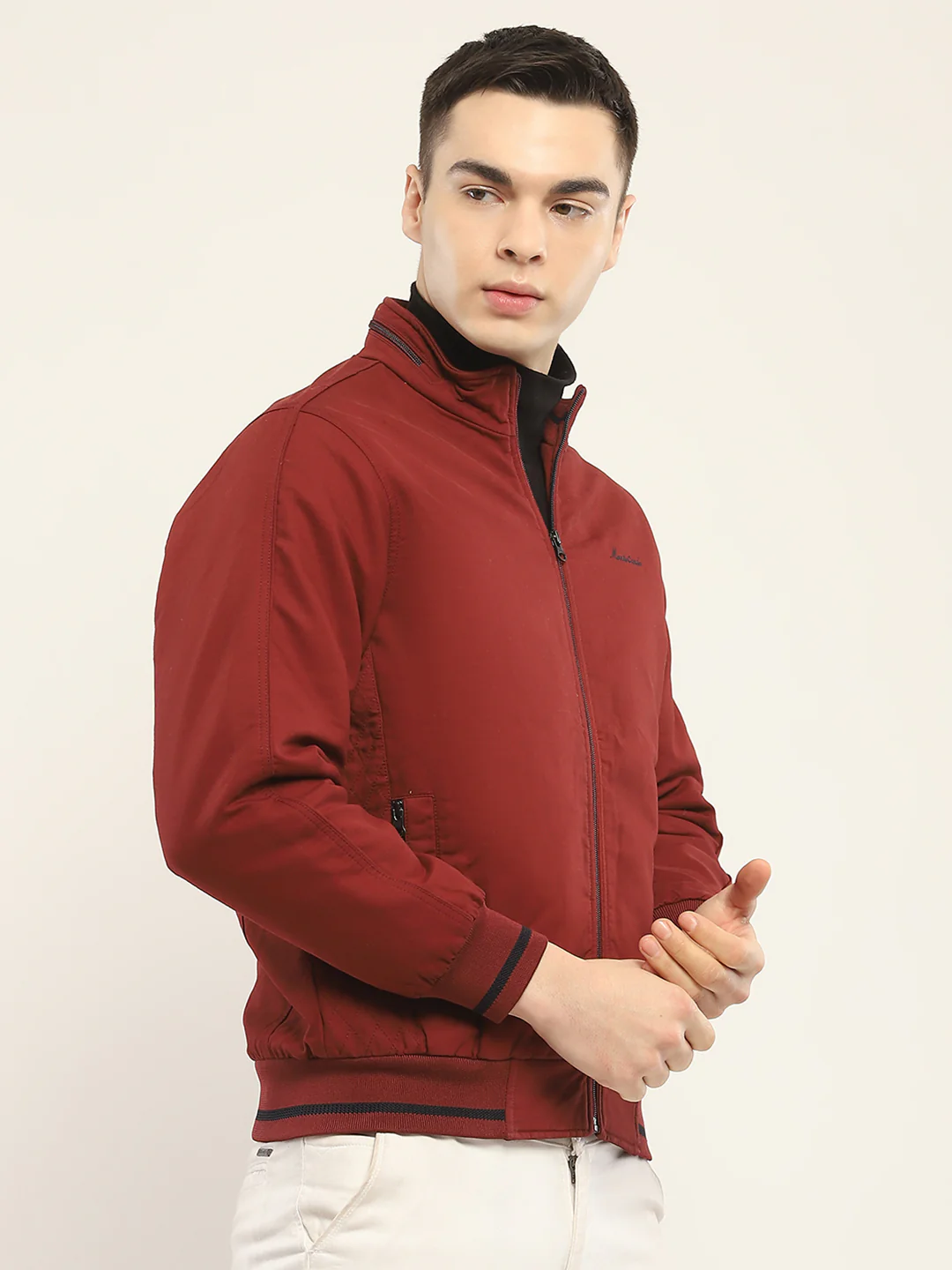 Men Rust Solid Mock Neck Full Sleeve Jacket - Image 4