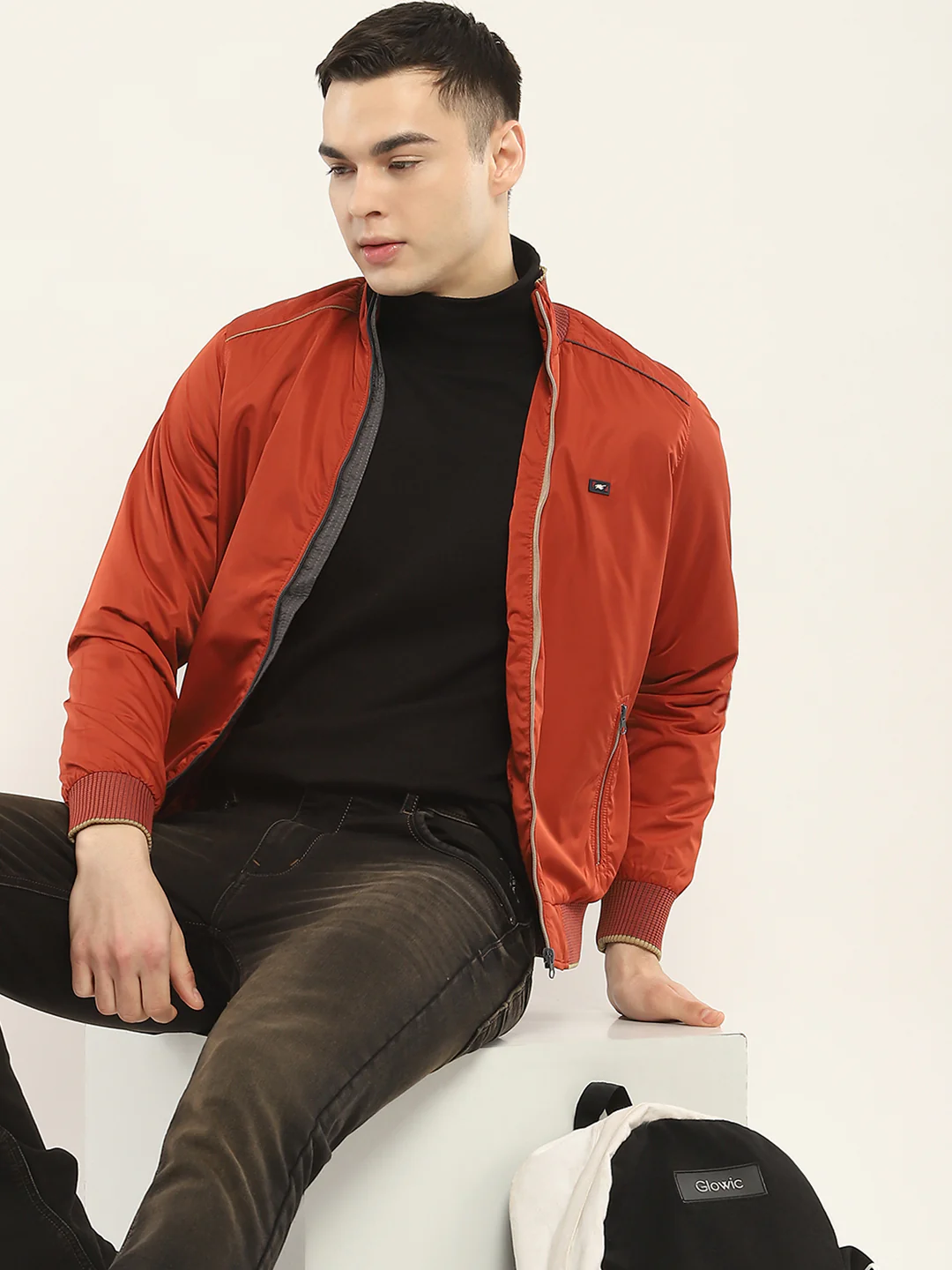 Men Rust Solid Mock Neck Full Sleeve Jacket - Image 6