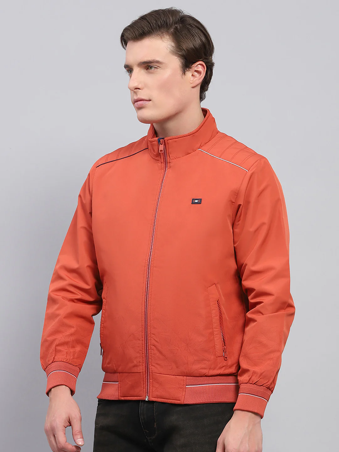 Men Rust Solid Mock Neck Full Sleeve Jacket - Image 3