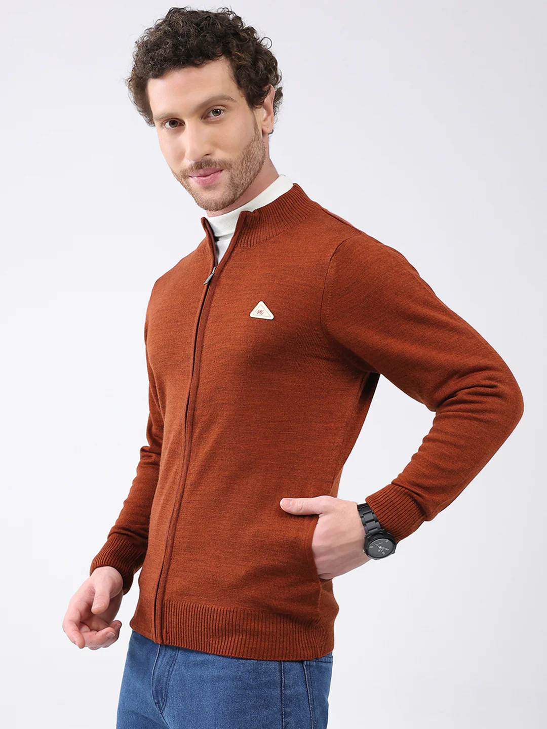 Men Rust Solid Mock Neck Full Sleeve Pullover - Image 3