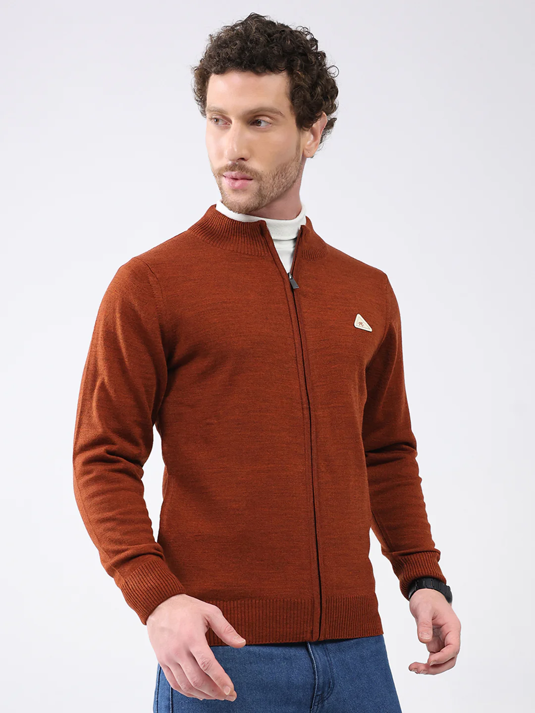 Men Rust Solid Mock Neck Full Sleeve Pullover - Image 4