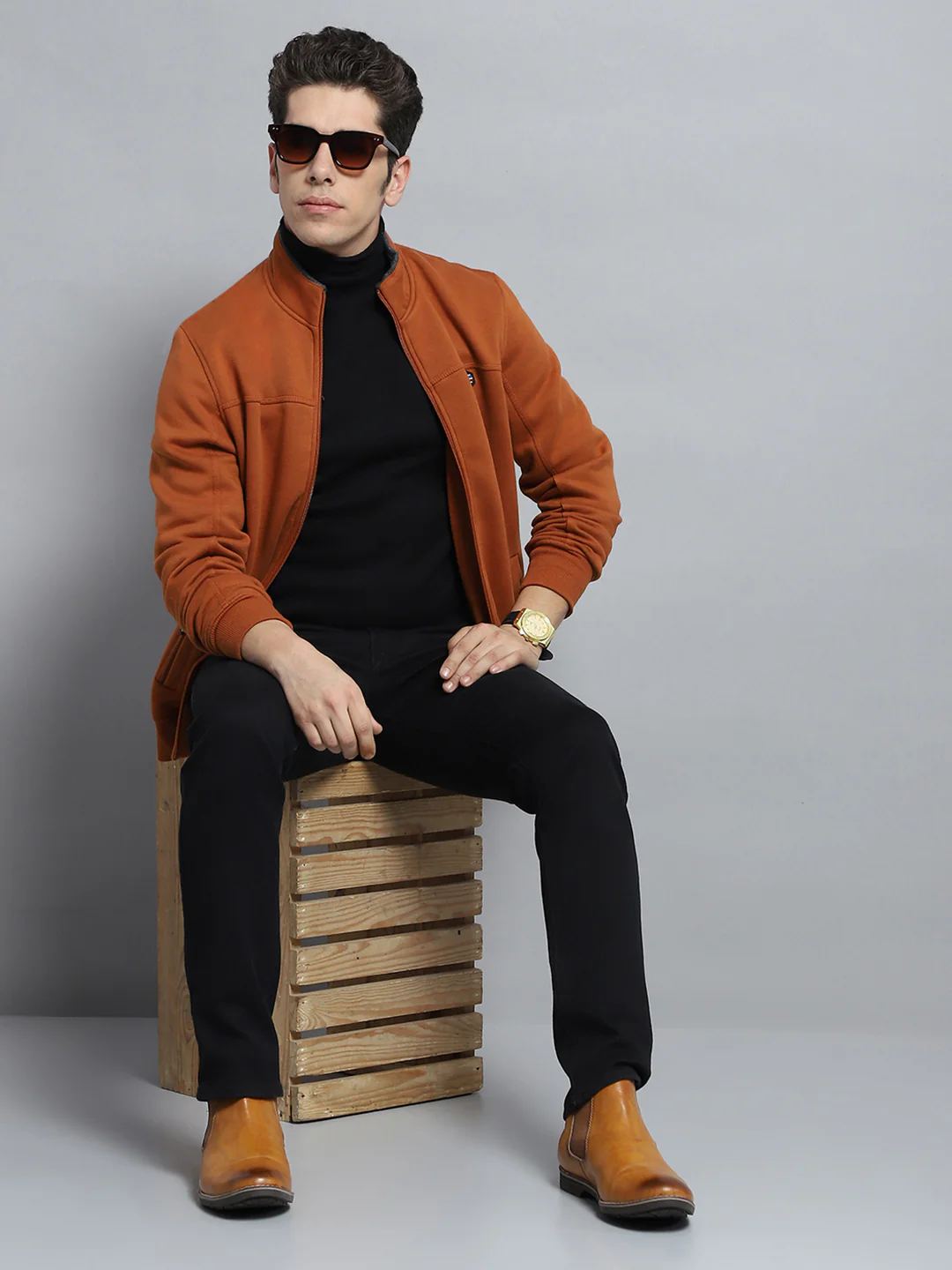 Men Rust Solid Mock Neck Full Sleeve Sweatshirt - Image 2