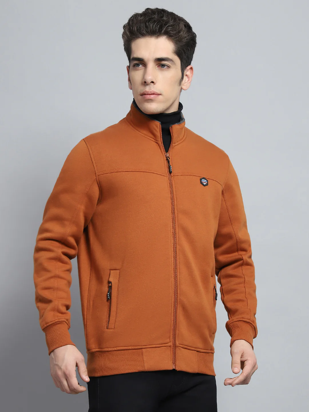 Men Rust Solid Mock Neck Full Sleeve Sweatshirt - Image 4