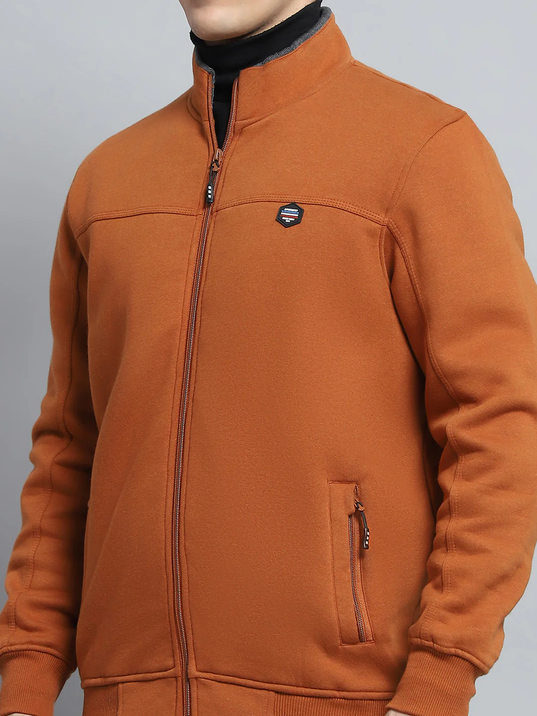 Men Rust Solid Mock Neck Full Sleeve Sweatshirt - Image 6