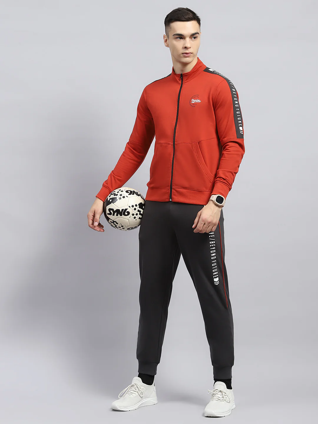 Men Rust Solid Mock Neck Full Sleeve Winter Tracksuit - Image 2