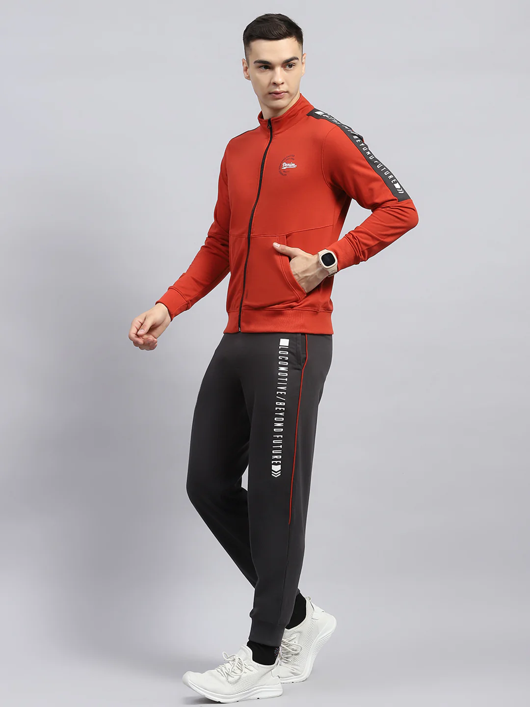 Men Rust Solid Mock Neck Full Sleeve Winter Tracksuit - Image 3