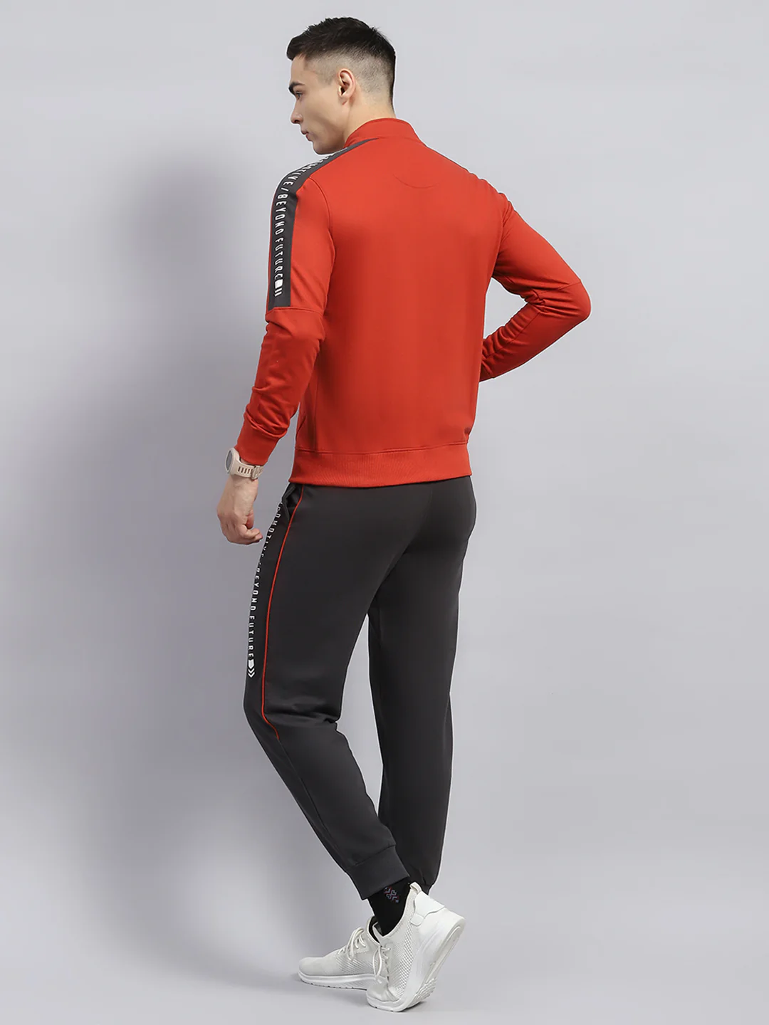 Men Rust Solid Mock Neck Full Sleeve Winter Tracksuit - Image 5