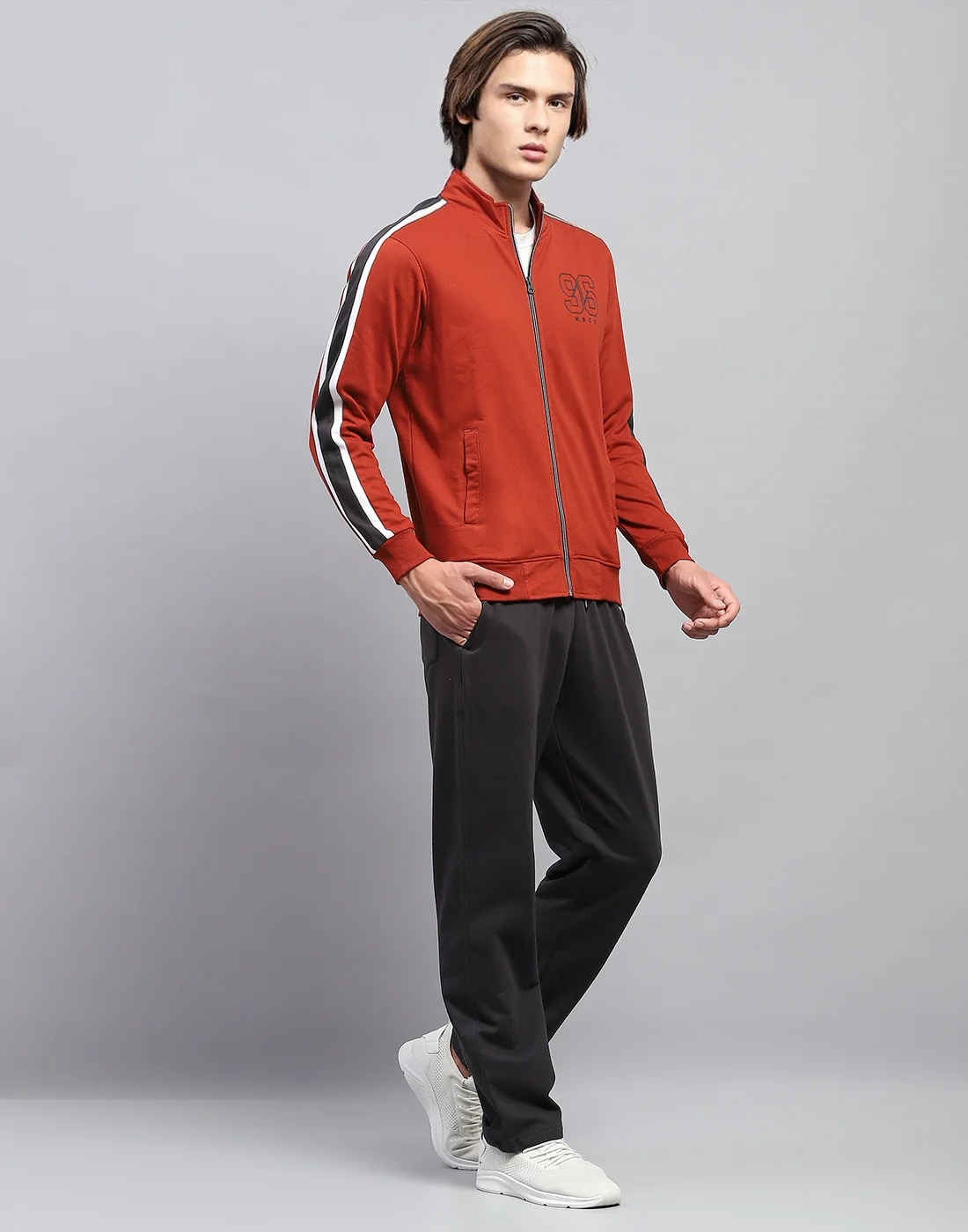 Men Rust Solid Mock Neck Full Sleeve Winter Tracksuit - Image 4