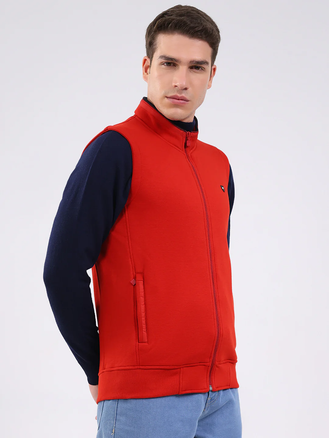 Men Rust Solid Mock Neck Sleeveless Sweatshirt - Image 4