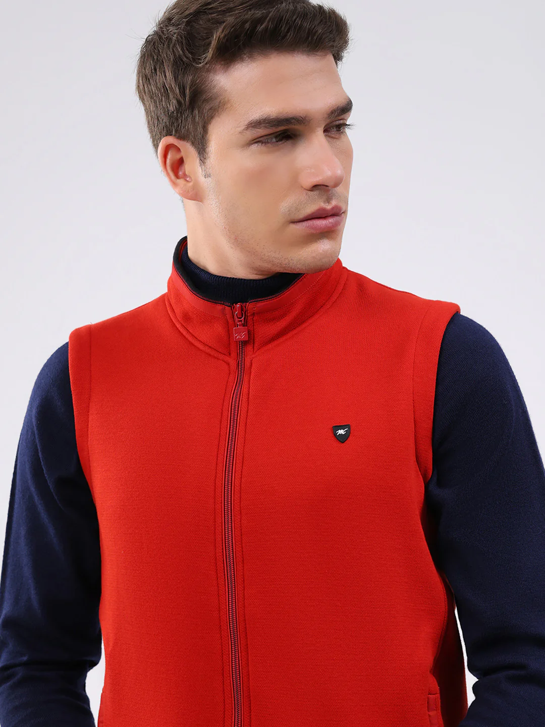 Men Rust Solid Mock Neck Sleeveless Sweatshirt - Image 7