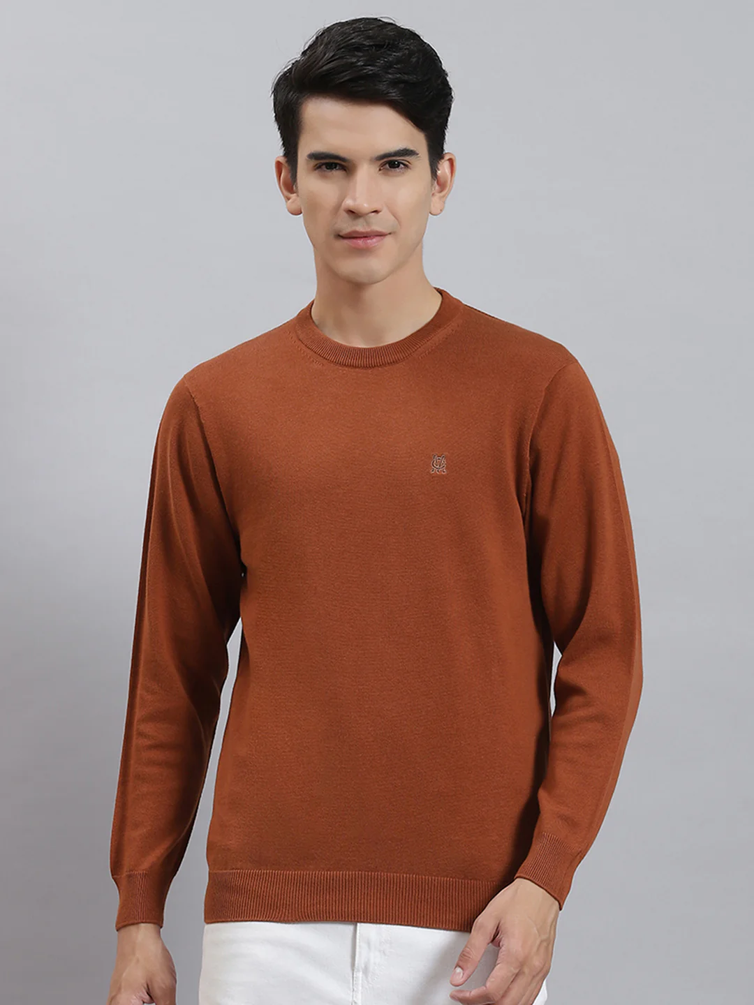 Men Rust Solid Round Neck Full Sleeve Sweaters/Pullovers - Image 2