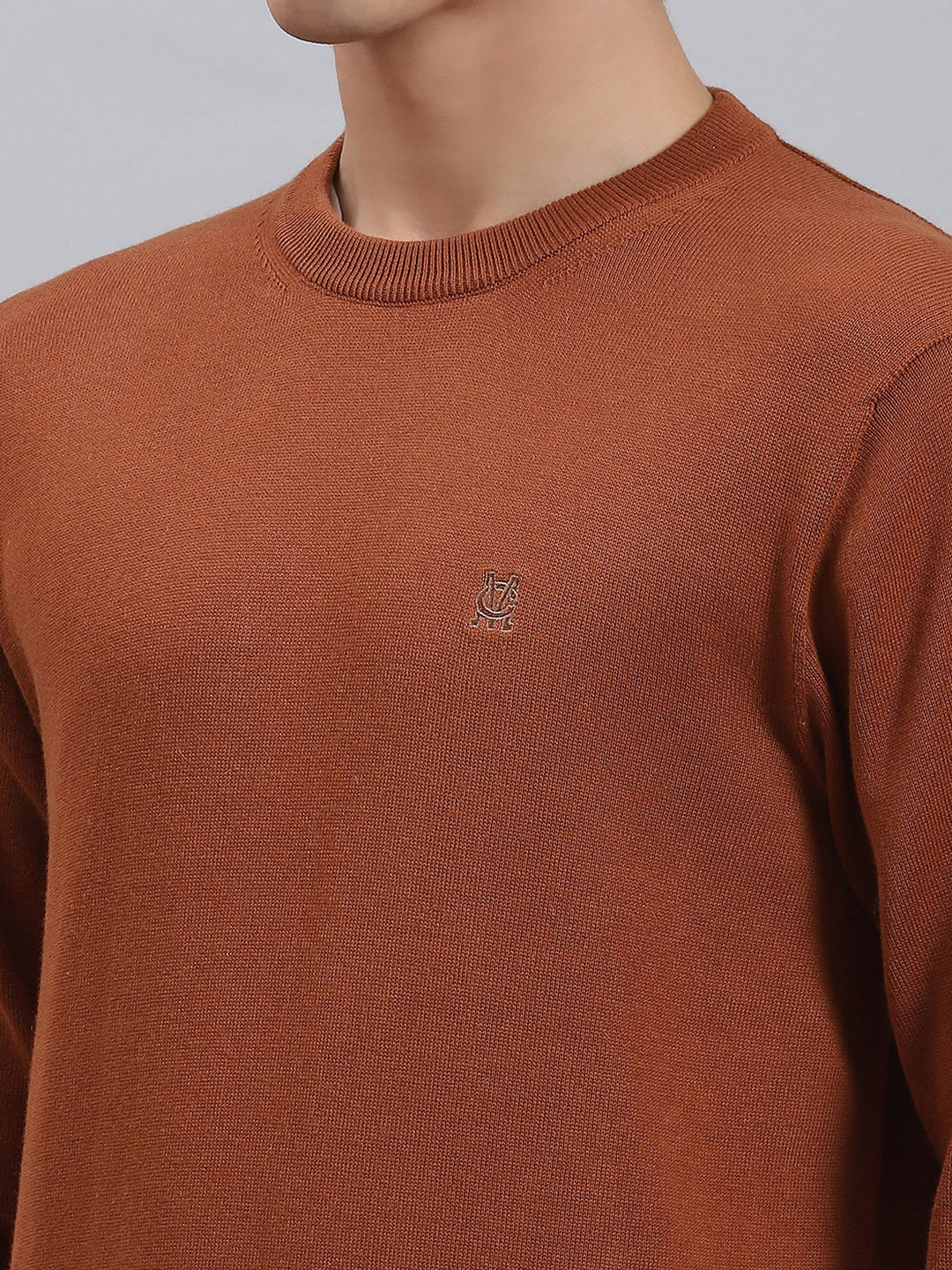 Men Rust Solid Round Neck Full Sleeve Sweaters/Pullovers - Image 6